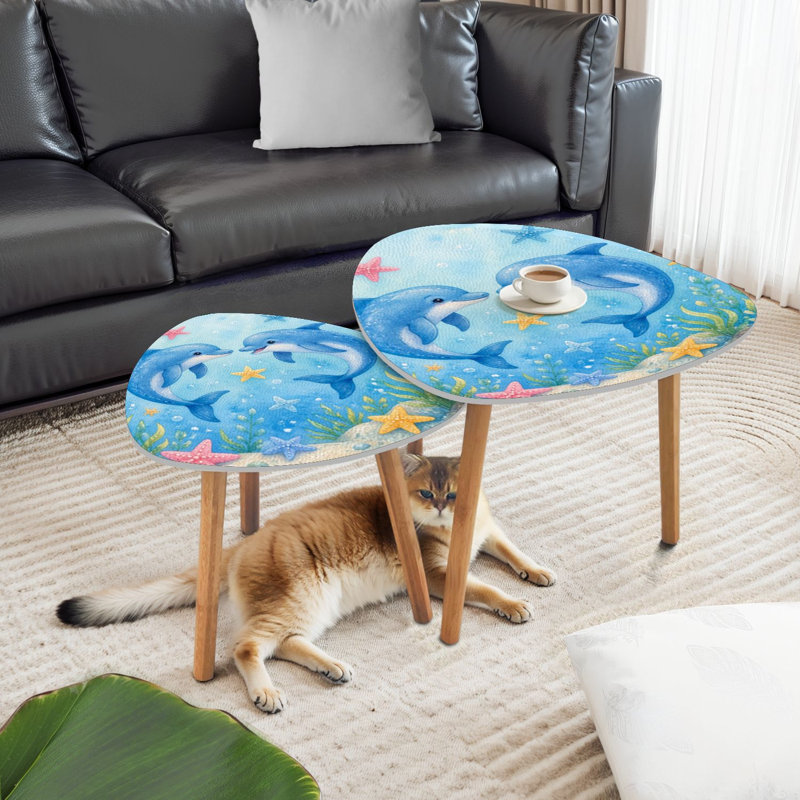 Triangle Nesting Coffee Table Set of 2 Dolphins Swimming Starfish Soft Blue Ocean Watercolor End Table Modern Minimalist Side Table Set for Living Room Bedroom