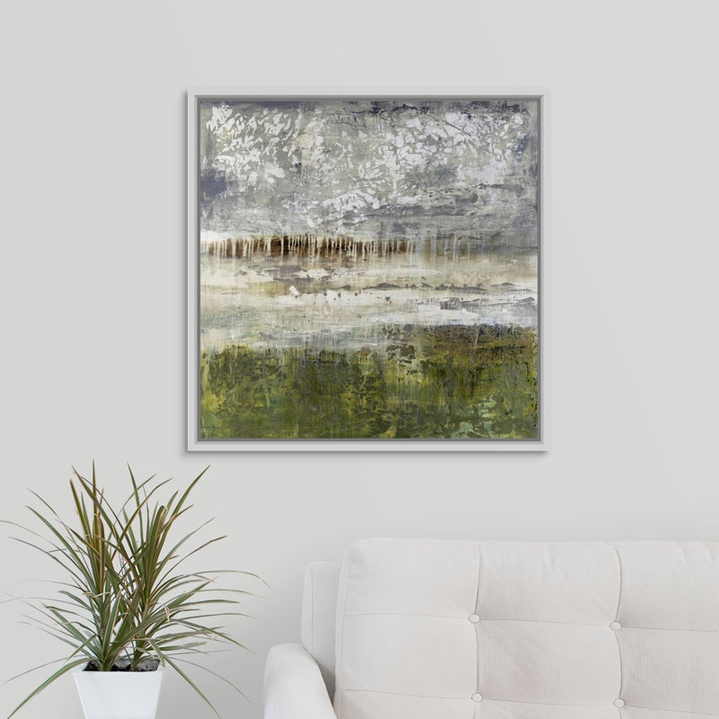 « silver pré », peinture sur toile, Cadre flottant blanc, H 25,7 po x l 25,7 po x p 1,75 po