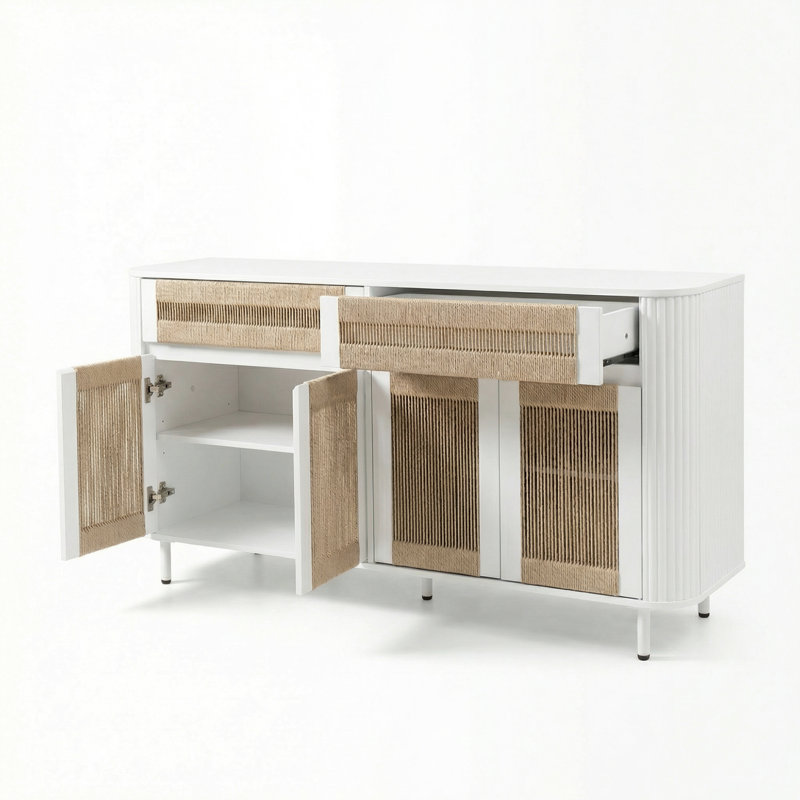 Cord Sideboard with 2-Drawer, 4 Doors and Shelves for Living Room, Kitchen, or Entryway, White