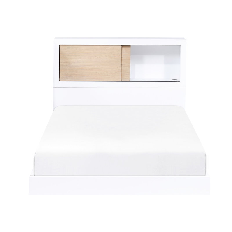 Lit simple avec tête de lit en bois naturel - rangement coulissant sans sommier requis, Lit simple