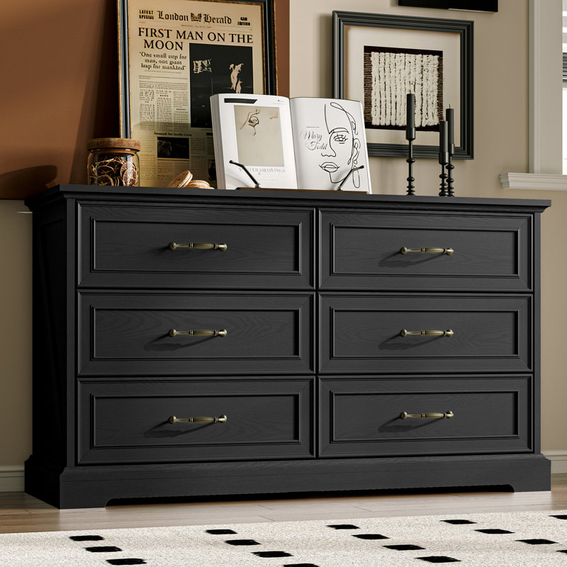 Commode 6 tiroirs rétro avec poignées dorées, commode de ferme 47 po pour chambre, Noir