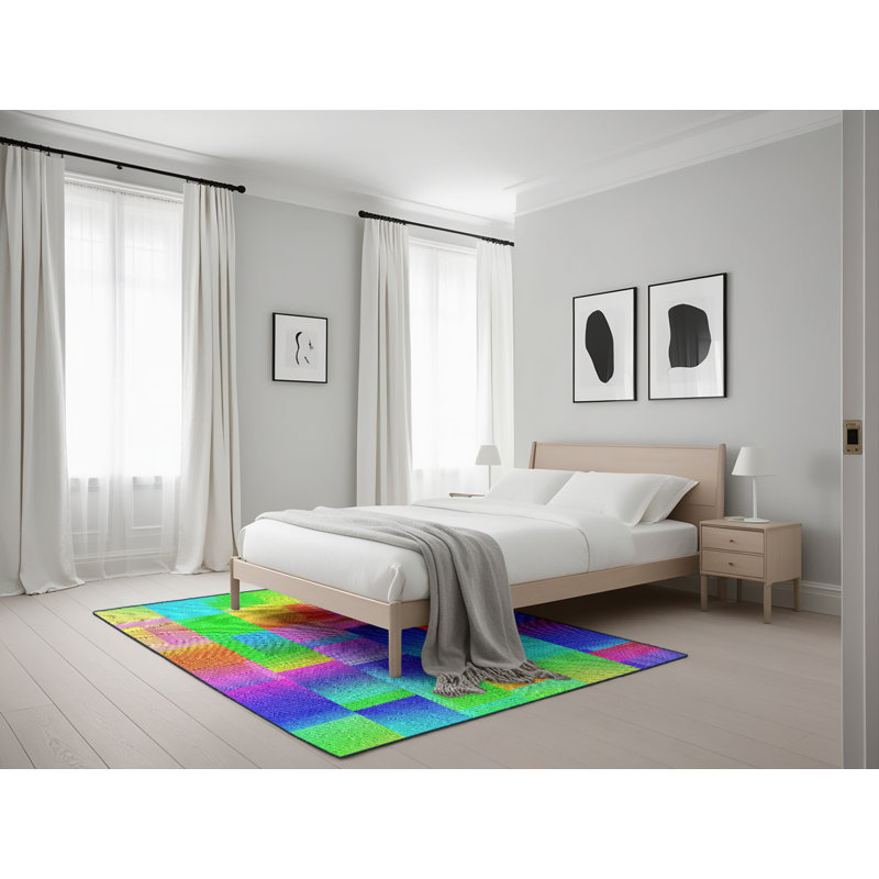 Tapis jaune/vert/rouge tissé à la machine, Rectangle 5 pi x 7 pi