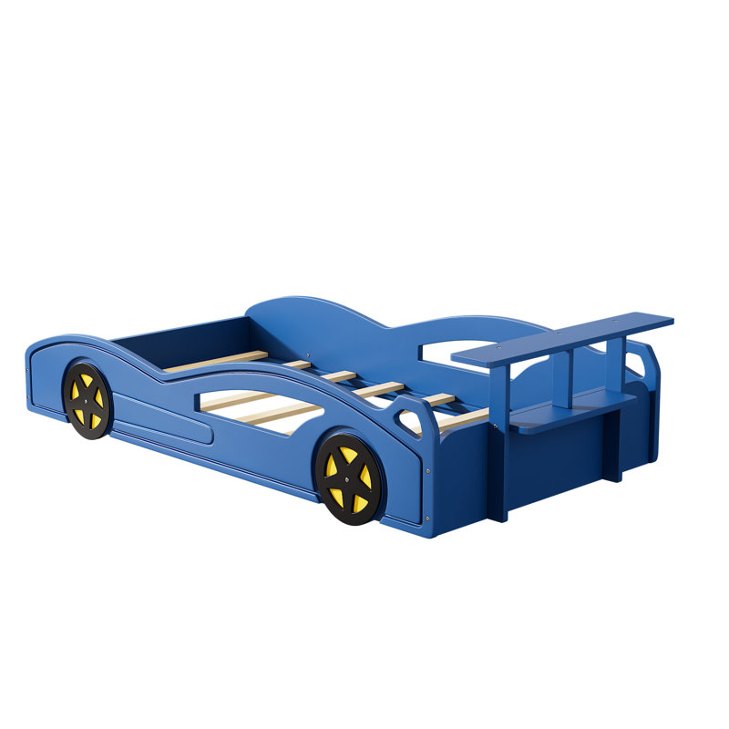 Lit plateforme simple Blue Race Car pour adolescents, en bois avec roues, confortable et fonctionnel, rangement à la tête, lit jaune à assemblage rapide, conception esthétique des roues, rails,