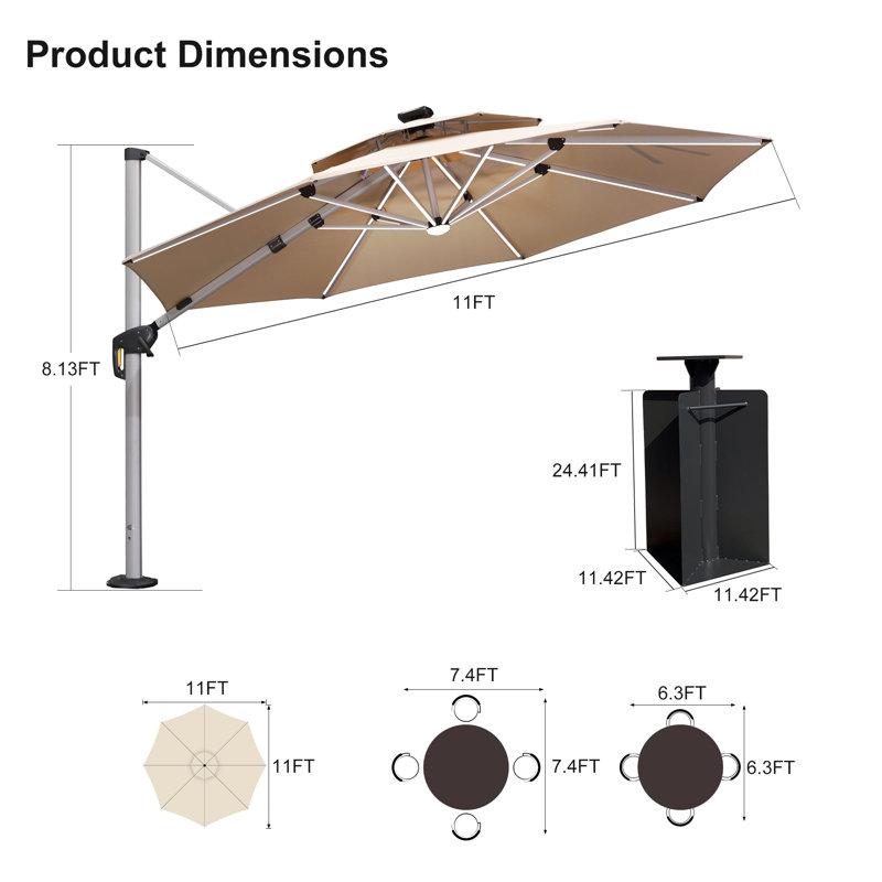 11' Cantilever Umbrella with Lights and Base in Ground, Beige