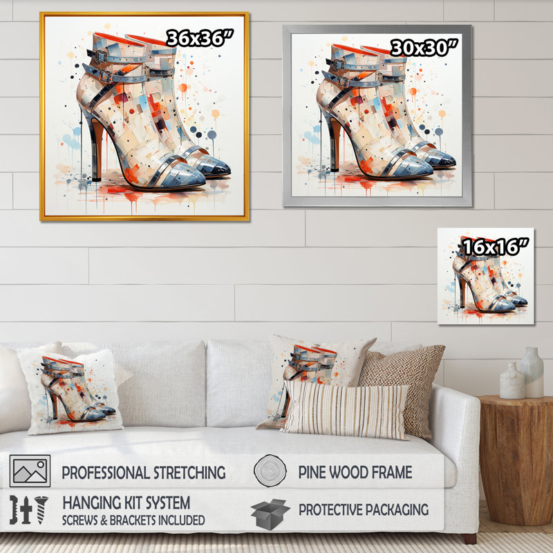Talons hauts blancs et gris Mid Century Elegance - Fashion High Heels Wall Art, Cadre simple noir