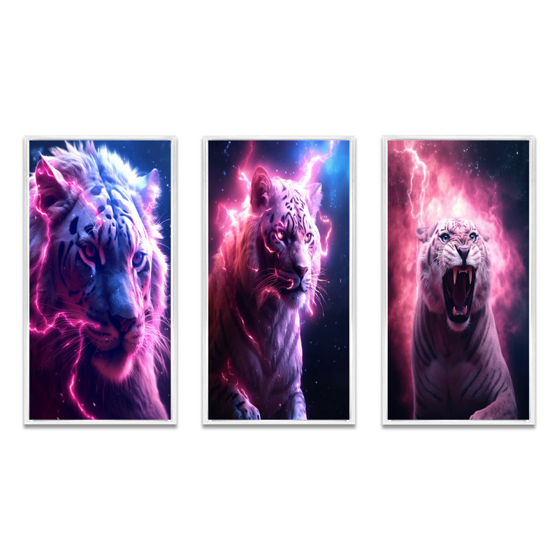 «Pink Lightening WIld Tiger», 3 pièces sur toile, Cadre blanc, H 20 po x l 36 po