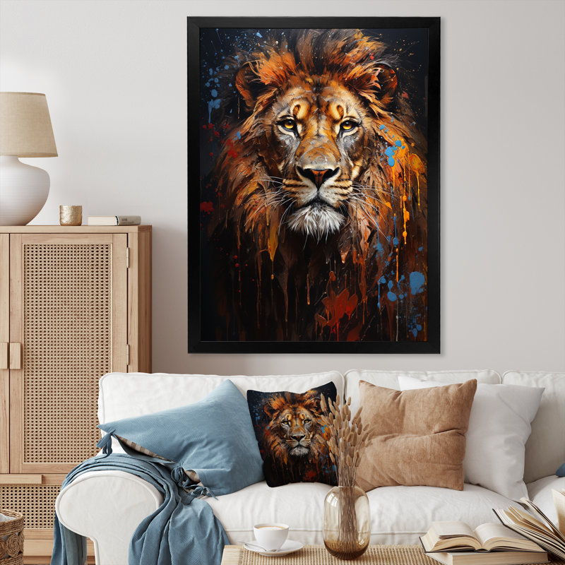 Photographie de lion avec I - reproduction sur toile, Cadre simple noir, H 40 po x l 30 po x P 1,5 po