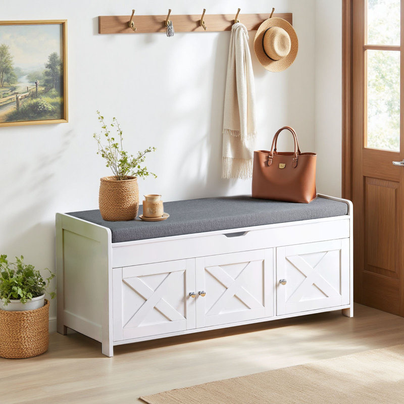39.5" Shoe Storage Bench with Lift-Top Storage and Removable Cushion, Shoe Bench with Barn Doors and Adjustable Shelf for Entryway, Bedroom