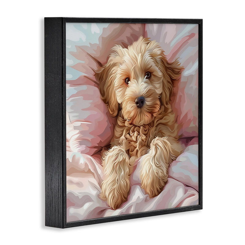  «Cuddling Labradoodle Bed», art de la giclée encadrée par Jim Baldwin, H 17 po x l 17 po, Giclée encadrée noir minuit