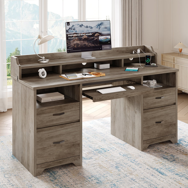 59" Executive Computer Desk with Power Strip, Home Office Desk with 2 Storage and 2 File Drawers, Gray