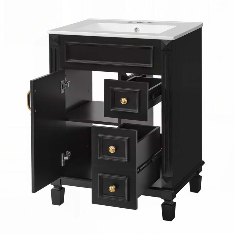 Meuble-lavabo avec lavabo en céramique, armoire avec 2 tiroirs et tablette réglable, Noir