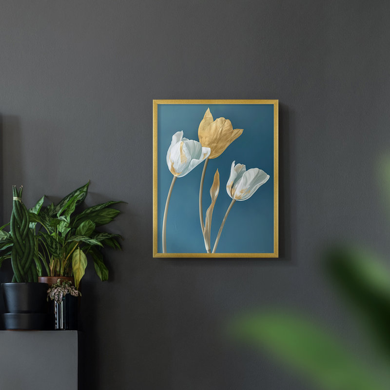 Série FLORAL CXLV - reproduction encadrée de qualité supérieure - prête à être accrochée - aucun clou requis, Or