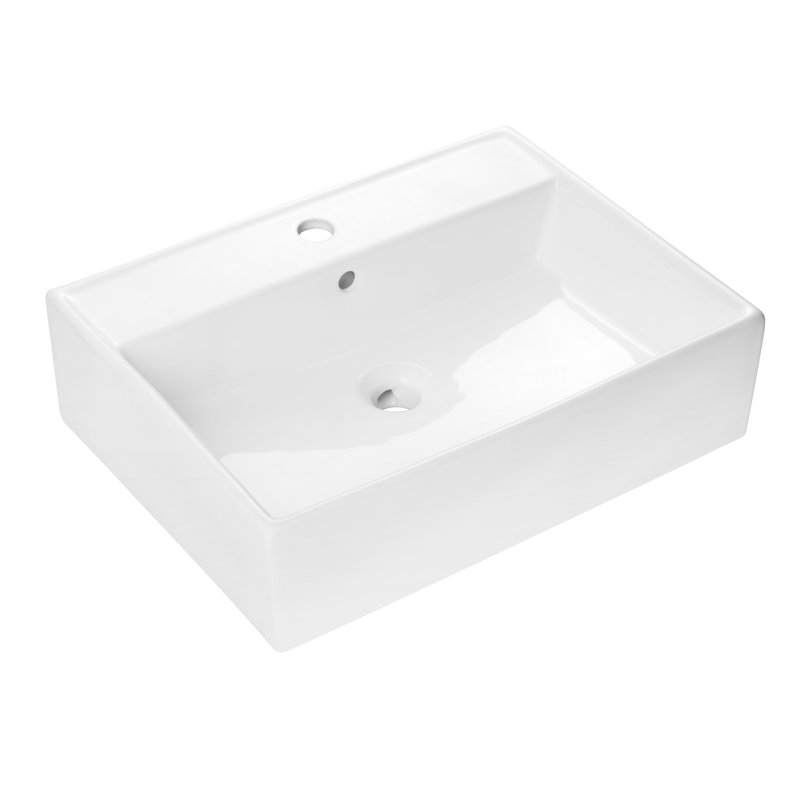 Glossy White Ceramic Rectangular Above-Counter Bathroom Sink