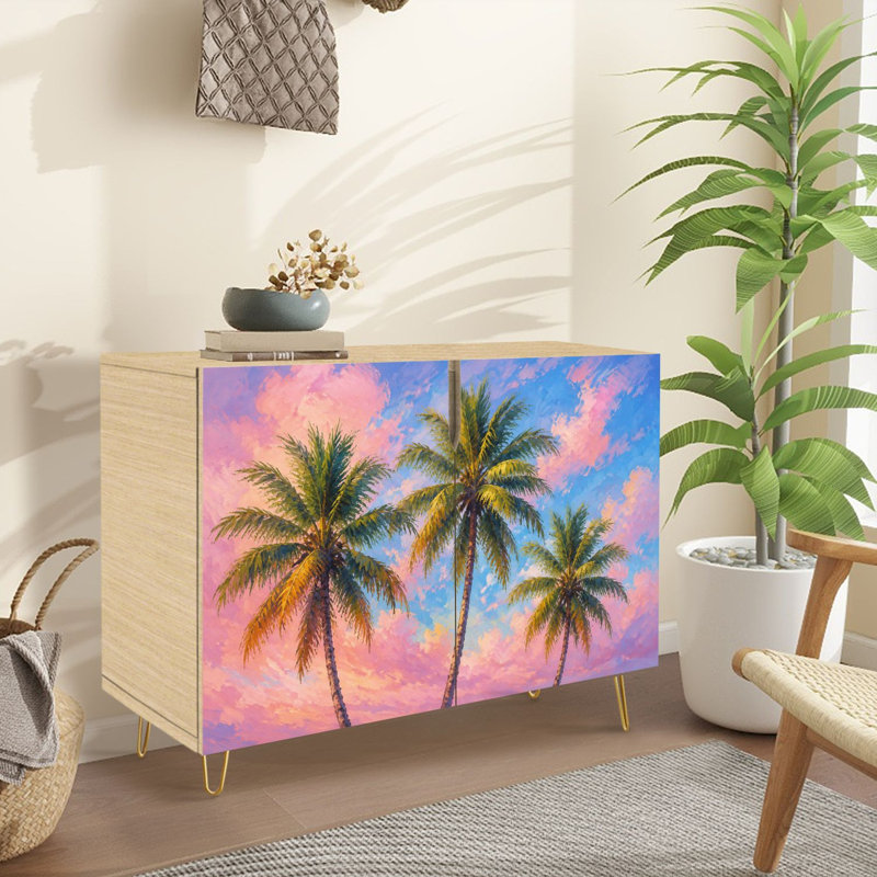 Buffet étroit de 35,4 po de largeur - armoire de rangement décorative à 2 portes avec imprimé tropical vibrant et pieds en métal