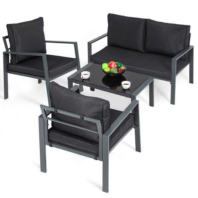 Steel Frame Patio Furniture Set with 2 Chairs 1 Loveseat & Tempered Glass Coffee Table - 4-Piece Outdoor Conversation Set with Teslin Cloth Cushions for Backyard Garden or Patio