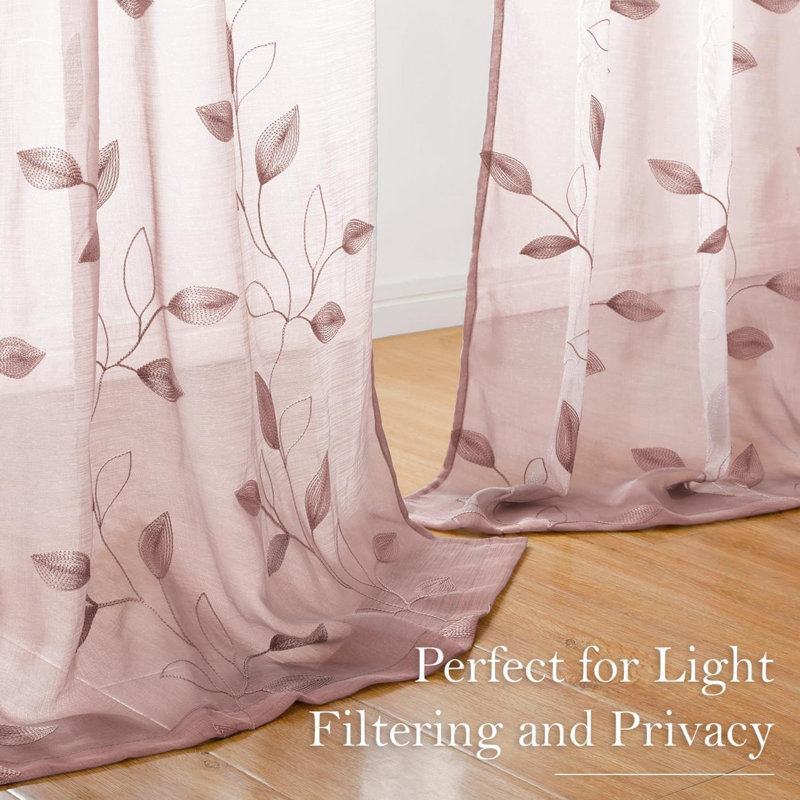 Curtains 2 Panels Embroidered Leaf Pattern Pocket Faux Linen Floral Semi Sheer Voile Window Curtains Drapes For Bedroom Living Room