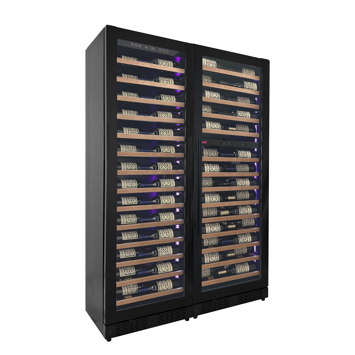 Allavino Reserva Series 134 Bottle 71" Tall Three Zone Black Side-by-Side Shallow Wine Refrigerator with Wood Front Shelves — FIN-0015213 | Fridge.com