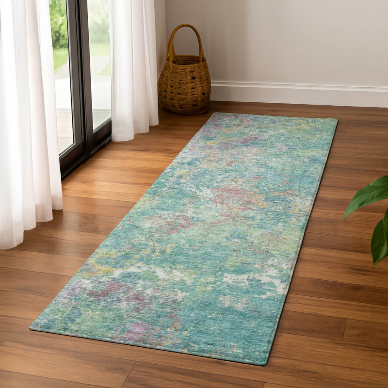 Premium Machine Washable Mayfield abstract Rug, 2'3" x 7'6" Runner, Teal