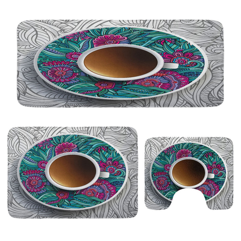  Coffee Bathroom Rug Set 3 Pieces U-Shape & Rectangle Mats Multicolor