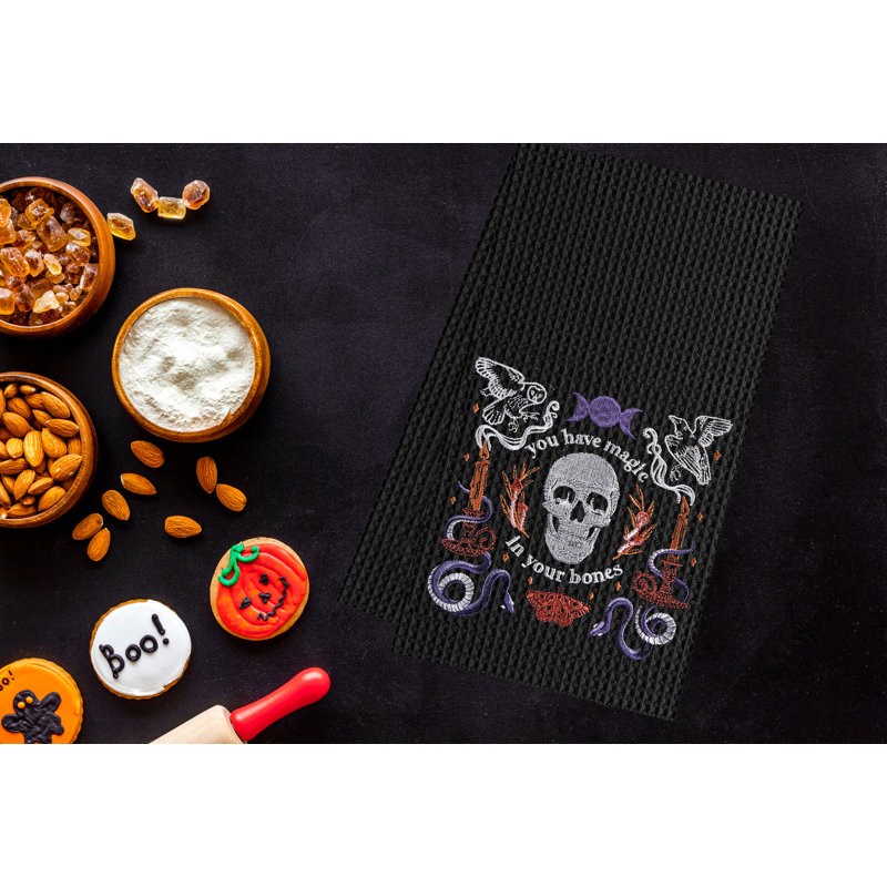 Magic In Your Bones Skull Halloween Embroidered Cotton Waffle Weave Kitchen Towel