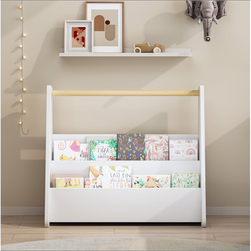 Bibliothèque pour enfants avec poignée en bois, bibliothèque pour tout-petits à 2 niveaux faisant face à l'avant, organisateur de rangement pour livres portable pour chambre à coucher, salle de jeux, chambre de bébé ou salle de classe