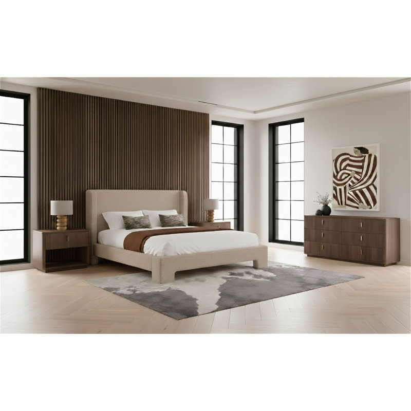 Ensemble de chambre à coucher 4 pièces en tissu beige et noyer Emilio + Roma, Beige / noyer, Très grand lit