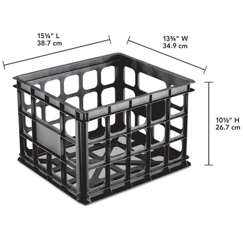 Sterilite Storage Crate, Stackable Plastic Bin Open Basket with Handles, Black, 6