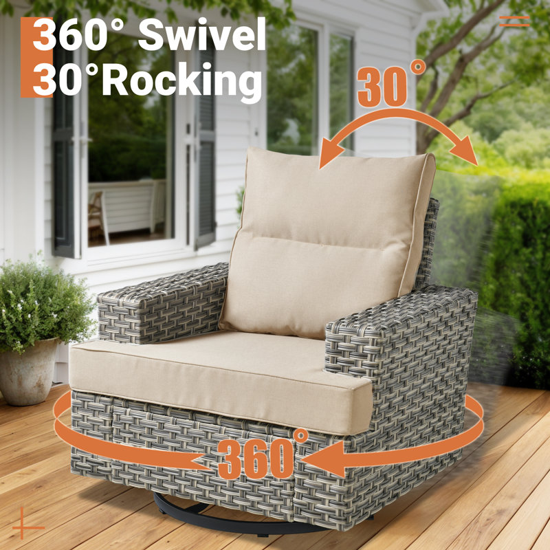 Ensemble de conversation en osier / rotin pour 5 personnes avec chaises pivotantes et coussins Wahkon, Oui, Beige