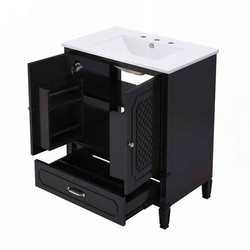Bathroom Vanity Set with Ceramic Sink,2 Cabinet and 2 Drawers, Black/Silver