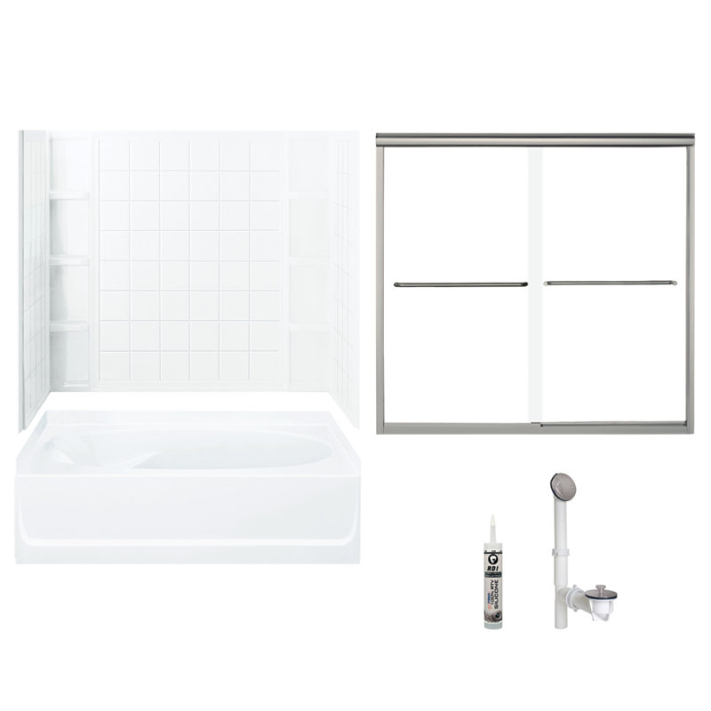 60" W x 72" H Frameless Rectangle Sliding Tub & Shower Kit with Towel Bar and Base Included, Nickel