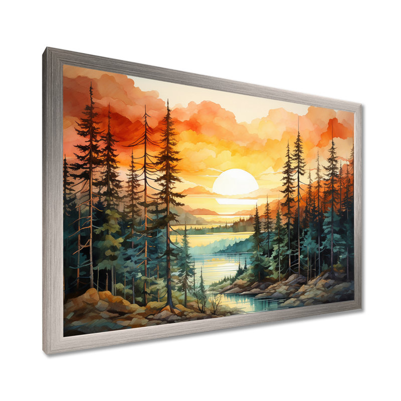 Pin, coucher de soleil brillant II - Pin, art mural, Cadre simple argenté, H 34 po x l 44 po x P 1,5 po
