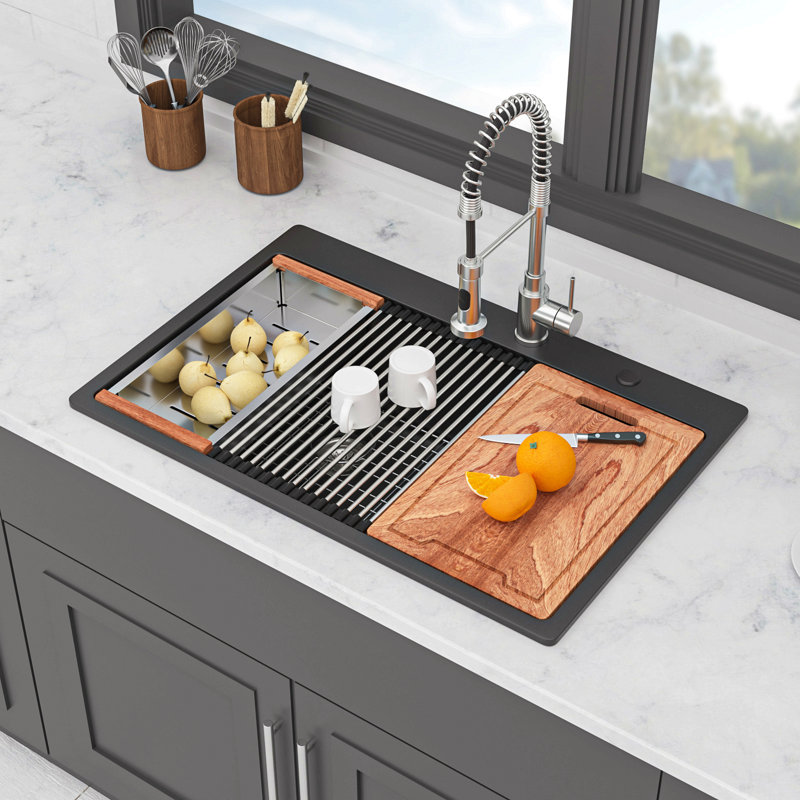 Quartz Kitchen Sink - Granite Composite Double Bowl Workstation Topmount Drop-In Kitchen Sink, Black