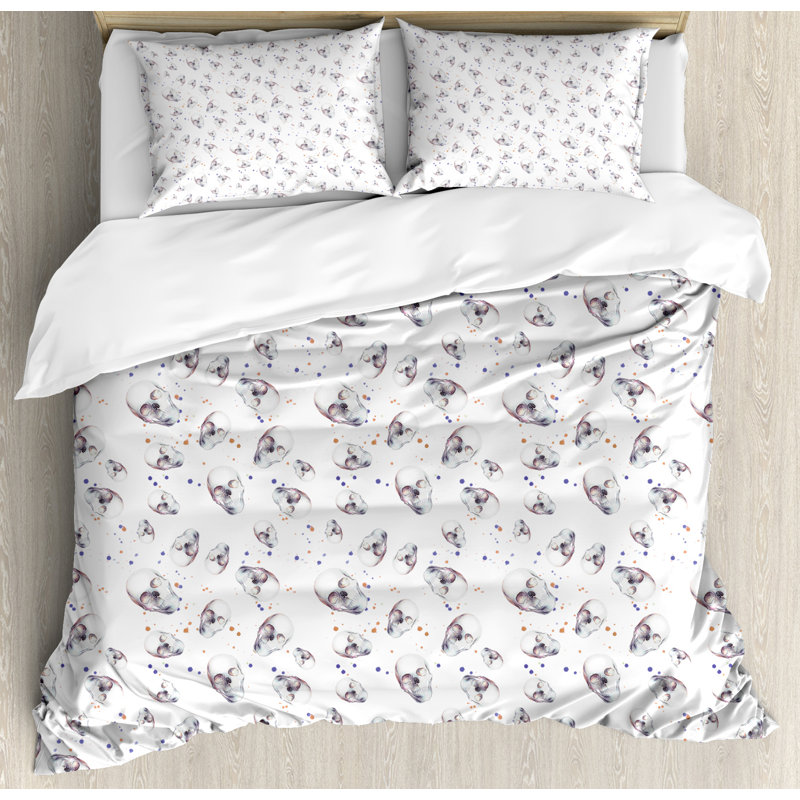 Queen White Skull Pattern Duvet Cover Set with Pillow Shams