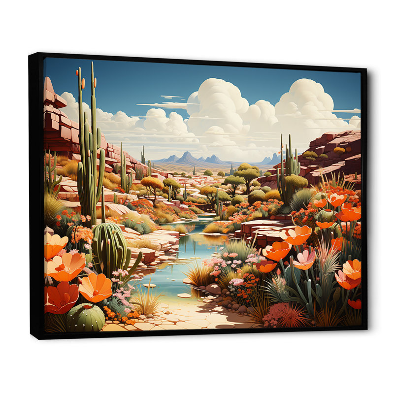 «Native Desert Oasis Blooms I» - art mural désert, Cadre flottant noir, H 34 po x l 44 po x P 1,5 po