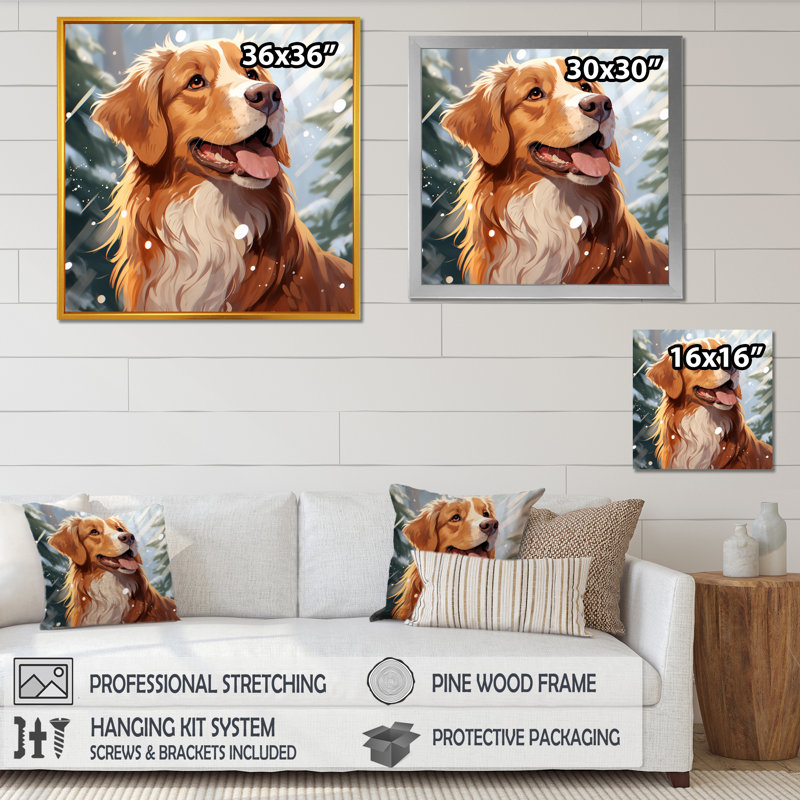 Winter Labrador Dog Happiness - Art mural chien, Cadre flottant brun, H 30 po x l 30 po x P 1,5 po