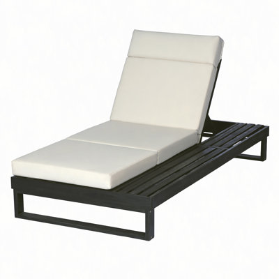 Chaise longue en bois d'acacia avec ensemble de coussins beige 4 plis 4 po, chaise longue d'extérieur réglable avec surface latérale plate, pour bord de piscine
