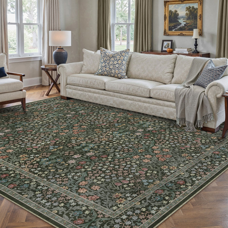 Tapis Alora lavable en machine à motif floral vintage avec envers antidérapant, Rectangle 6 pi x 9 pi