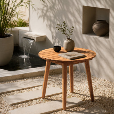 Solid Acacia Wood Round Table, 21.65" Small Wooden Patio Table