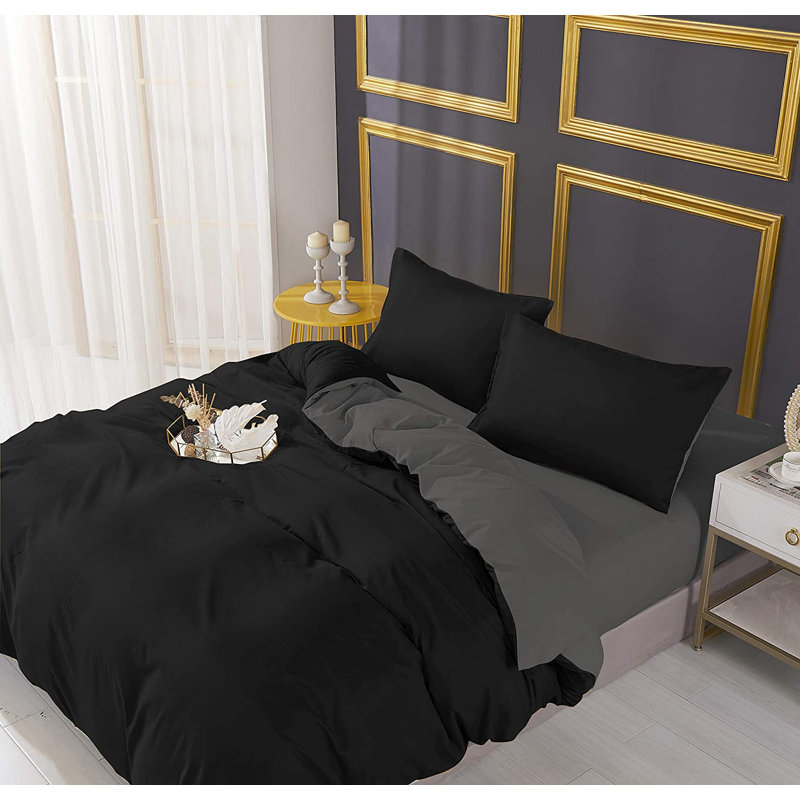 Microfiber Solid Colour Duvet Cover Set with Pillowcases Included, Grey/Black, Super King - 2 Standard Pillowcases
