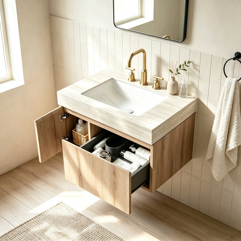 Meuble-lavabo suspendu de 76 cm (30 po) en contreplaqué cannelé avec lavabo, comptoir en pierre frittée et lavabo en céramique