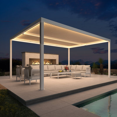 PURPLE LEAF 12' x 16' LED Louvered Pergola with Adjustable Roof Aluminum Hardtop Gazebo for Patio Deck Backyard，White