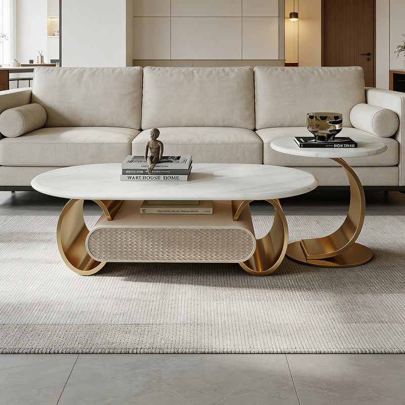 Ensemble de tables basses Modern, H 16,53 po x L 47,24 po x l 27,56 po, Plateau blanc / base or