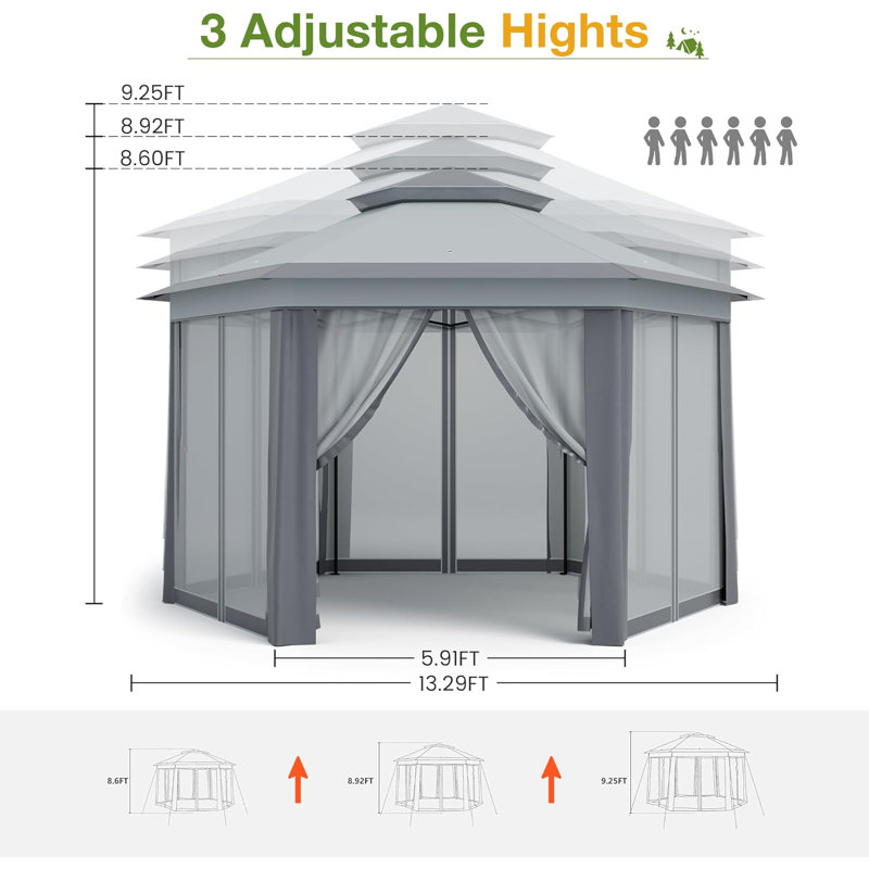 13x13 Pop Up Gazebo Outdoor Hexagonal Canopy Tent with Mosquito Netting Sides Instant Patio Canopy Shelter, Rain & UV Resistant PA Coated Fabric, for Patios, Garden, Parties