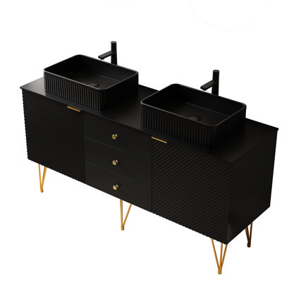 Armoire autoportante noire de 60 po, 3 tiroirs et 2 portes, plateau en pierre frittée, contreplaqué multicouche, conception de rangement de salle de bain en contreplaqué qui conviendra à tous les cas de figure