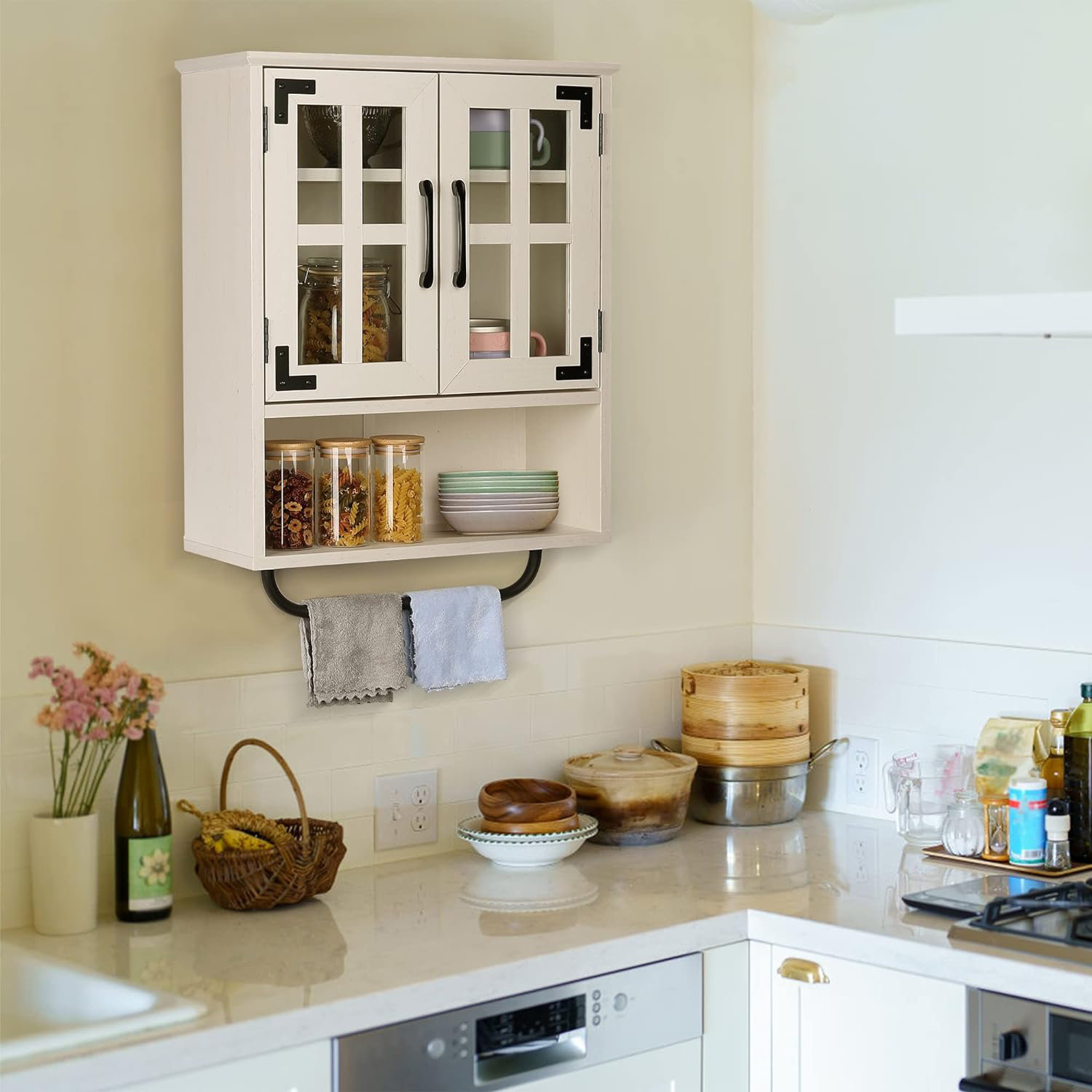 Lark Manor™ Wood Wall Storage Cabinet With Cross Glass Doors, Farmhouse Wall  Mounted, 3 Tier Rustic Cabinet With Adjustable Shelves And Towel Bar For  Bathroom, Living Room, Vintage White | Wayfair, image size:1500x1500