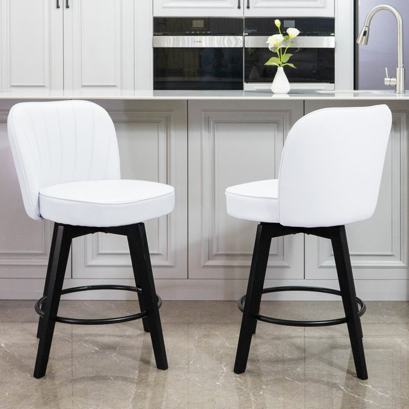 Ensemble de 2 tabourets de bar pivotants à 360 ° MINCETA avec dossier à coquille de 26 po, chaise de bar rembourrée en cuir de polyuréthane avec repose-pieds, pour îlot de cuisine, blanc
