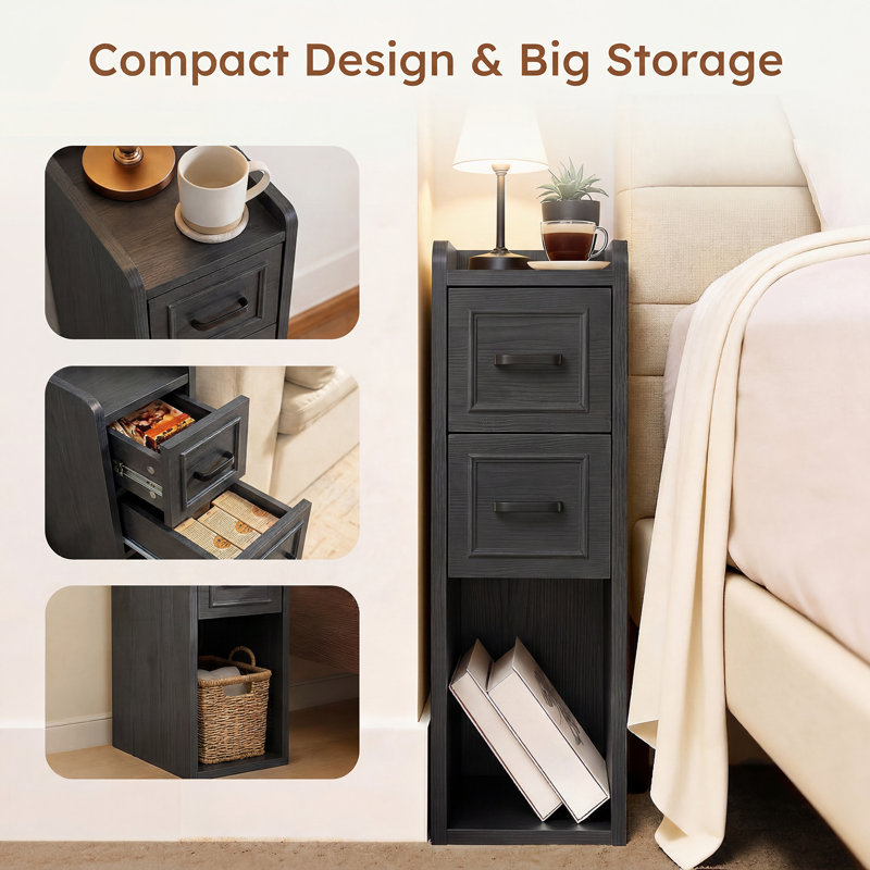 Narrow White Nightstand, Wood Slim Bedside Tables For Small Bedroom, Modern End Table With Drawers, Perfect For Apartments