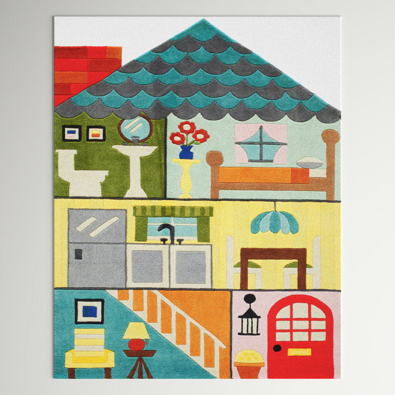 Tapis jaune / bleu / vert touffeté à la main Cecelia, Rectangle 4 pi x 6 pi