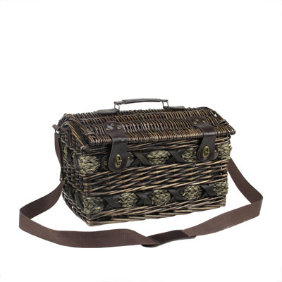10.75" x 16.25" Chocolate Brown Hand Woven Willow 2-Person Picnic Basket Set with Accessories