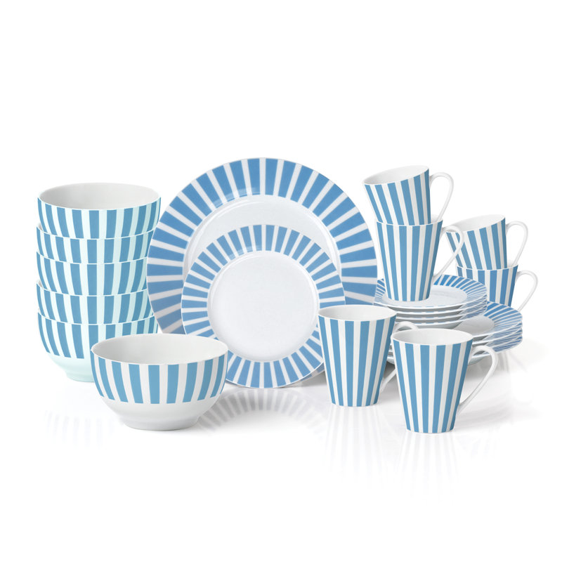 Waterside 24pc Split Stripe Porcelain Dinner Set, Blue